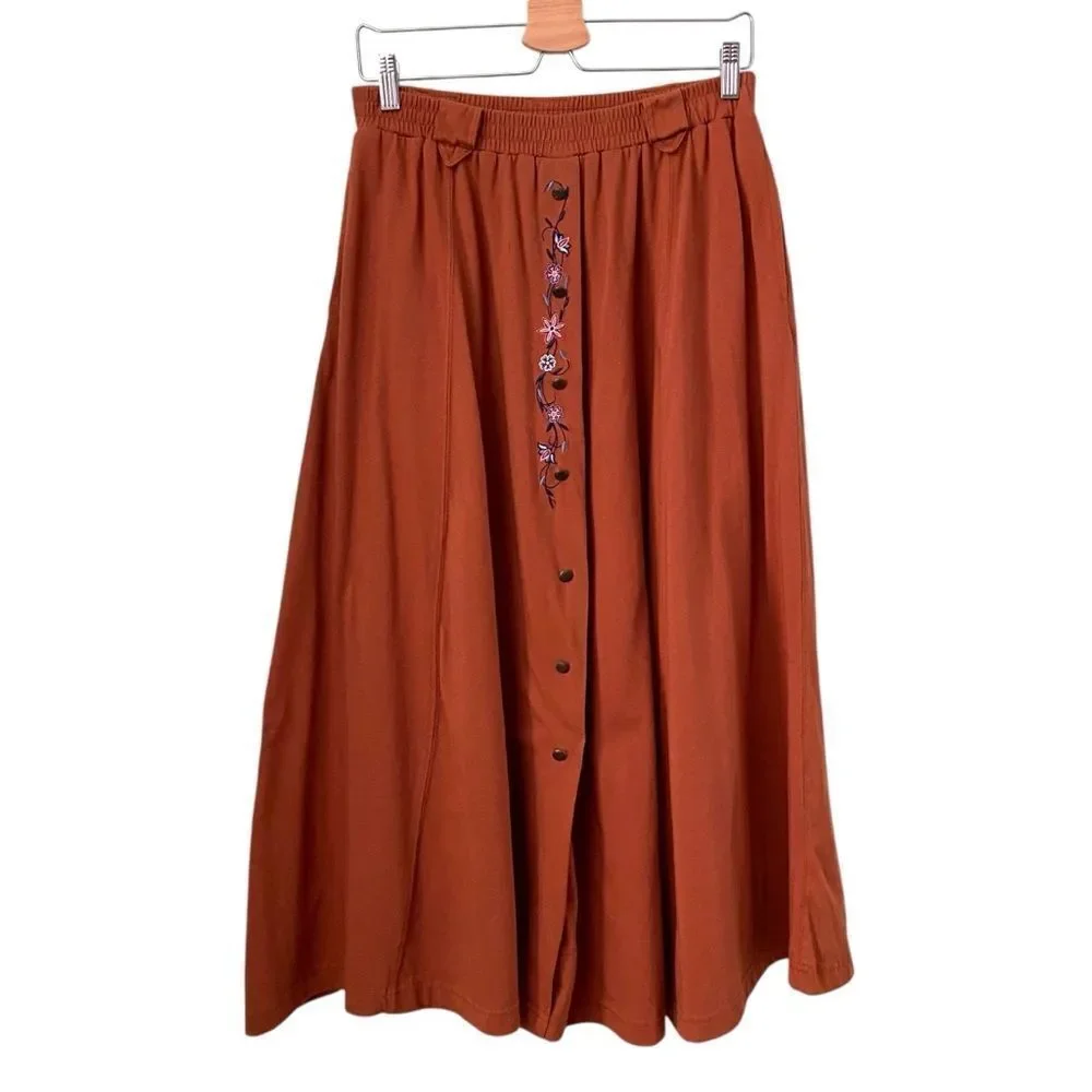 Vintage White Stag Embroidered Button-Down Skirt in Rust Color Size Medium